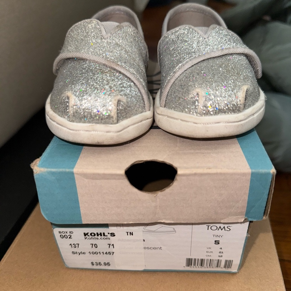 TOMS Glittery Silver Tiny Slip-Ons